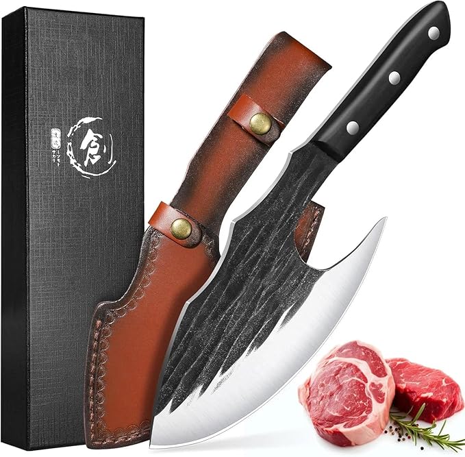 TIJERAS Butcher Knife for Meat Cutting, Heavy Duty Meat Cleaver with Sheath, Hand Forged Bone Chopping Knife with Wood Handle, Japanese Butcher Axe for Cooking Camping, Birthday Gifts for Men Women