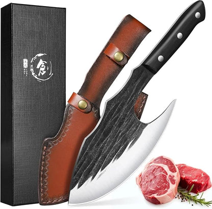 TIJERAS Butcher Knife for Meat Cutting, Heavy Duty Meat Cleaver with Sheath, Hand Forged Bone Chopping Knife with Wood Handle, Japanese Butcher Axe for Cooking Camping, Birthday Gifts for Men Women