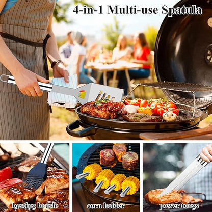 ROMANTICIST 27pcs Heavy Duty Grilling Gifts for Men Dad Fathers Day, Extra Thick BBQ Accessories Tools Set, Stainless Steel Grill Utensils Kit with Meat Claws,Canvas Bag for Outdoor Camping Silver