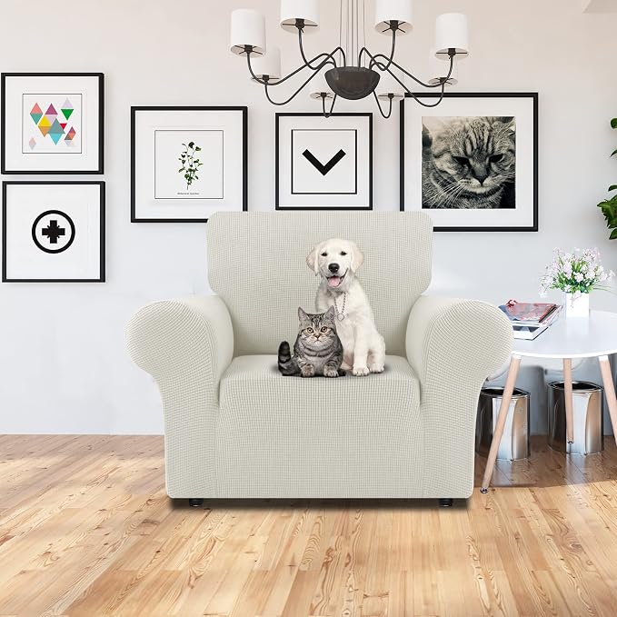 LURKA Stretch Chair Cover for Sofa, 1 Piece Armchair Slipcover, Ivory | Soft Stretch Jacquard, Fits 31"-55" Armchairs, Elastic Bottom for Secure Fit, Machine Washable, Pet & Kid Friendly