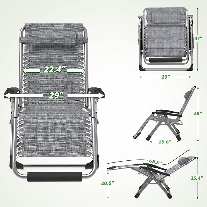 ZENPETIO 29In XL Zero Gravity Chair, 440LBS with Cushion | Anti Gravity Recliner Lounge Chair with Aluminum Alloy Lock & Footrest, 90-170° Adjustable, for Lawn Patio Indoor Outdoor