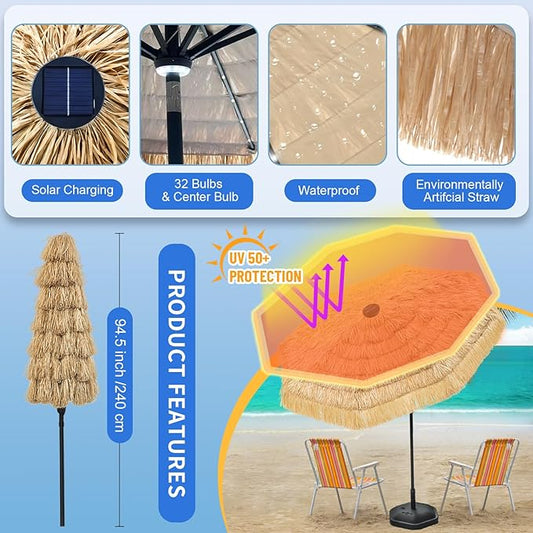 9 ft Tiki Umbrella with 32 LED Lights, Outdoor Patio Umbrella with Solar Lights, Tropical Vibes Thatched Umbrellas with 8 Ribs, Tilt Adjustment, Manual Crank, UPF 50+ for Pool, Beach, Backyard,Garden