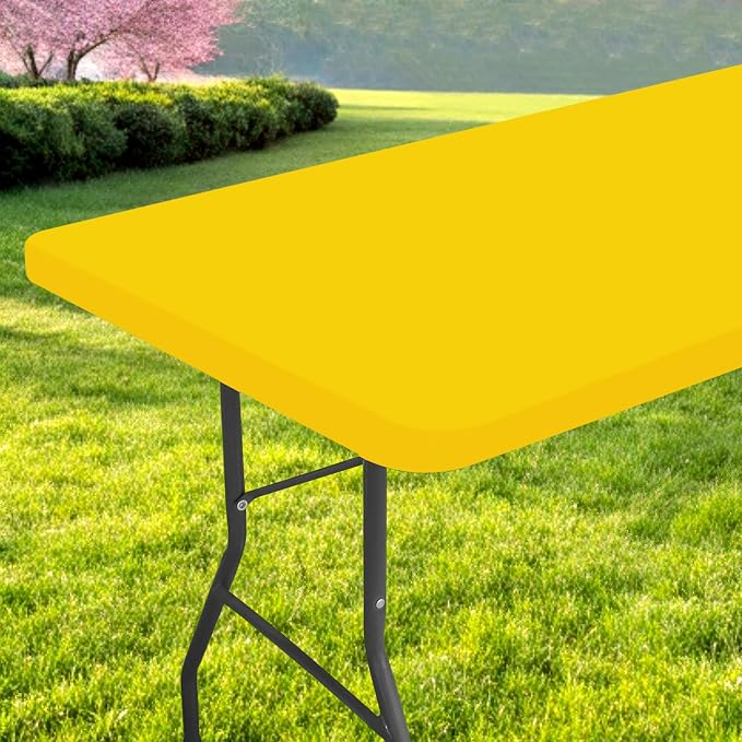 Rectangle Table Cloth, Waterproof Elastic Fitted Tablecloth for 4 Foot Folding Tables, Washable Polyester Tablecloths for Picnic, Camping, Outdoor (Yellow, 24"x48")