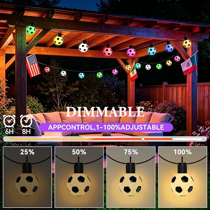 Soccer 50 FT Smart Outdoor String Lights Waterproof, 15 RGBW LED Bulbs 16 Million Colors with App & Remote Control for World Cup Decorations 2026