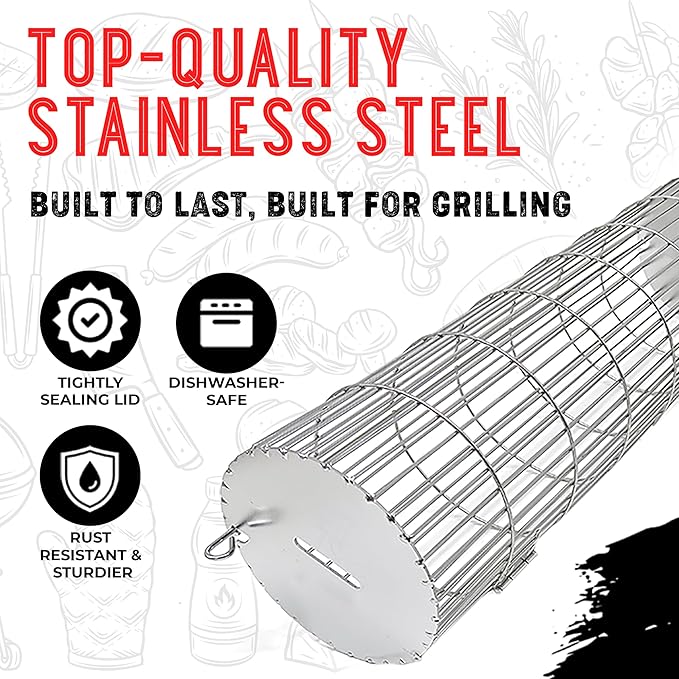 SHIZZO Rolling Grill Basket, Removable Wooden Handle, Extra Sturdy Cylinder Grilling Basket, Food Grade Stainless Steel, Portable Outdoor Camping accessories BBQ Net Rack, Cooking Griller for Fish, Vegetables, and More - Gifts for Men Dad Husband - Set...