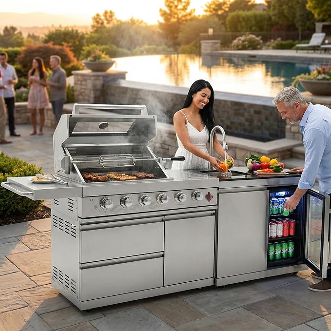 Premium 6-Burner 304 Stainless Steel Outdoor Kitchen Island with Grill, Sink, Refrigerator, Rotisserie & LED Lighting | 75,300 BTU Modular BBQ Station for Patio Backyard