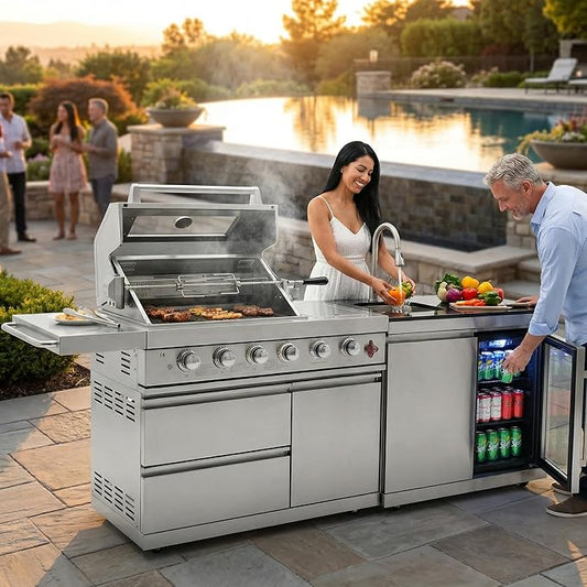 Premium 6-Burner 304 Stainless Steel Outdoor Kitchen Island with Grill, Sink, Refrigerator, Rotisserie & LED Lighting | 75,300 BTU Modular BBQ Station for Patio Backyard