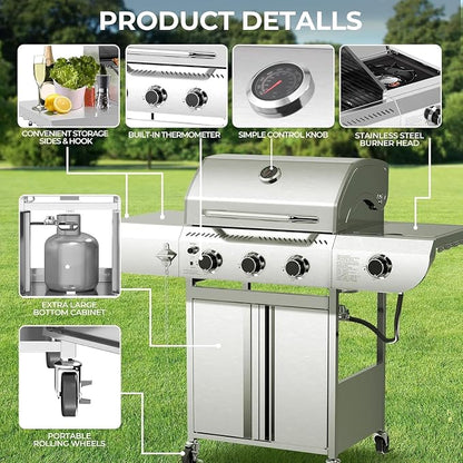 Electactic 3-Burner Propane Gas Grill with Side Burner, 34,000 BTU Stainless Steel BBQ Grill with Enameled Cast Iron Grates, Built-In Thermometer, Barbecue Grill for Outdoor Cooking, Patio, Tailgates