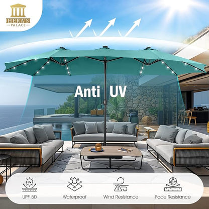 15ft Patio Umbrella with Solar lights & Base, Large Umbrellas, Turquoise | HERA'S PALACE Rectangle Double Market Umbrella with 36 LED Lights, Big Outdoor Umbrellas for Pool Picnic Inground Yard Deck