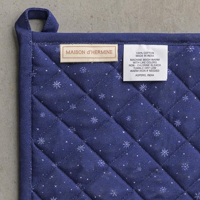 Maison d' Hermine 100% Cotton Oven Mitt & Pot Holder Set (7.5"x13" & 8"x8") | Heat Resistant BBQ Cooking Gloves with Loop Baking Kitchen Home Farmhouse Thanksgiving Christmas - Christmas Market - Blue