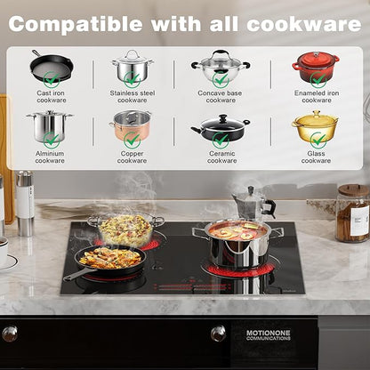 Hobsir 24 Inch Electric Cooktop 4 Burner 6000W, 24" Radiant Electric Stove Top, Built-in Ceramic Stove Top with Sliding Control, Timer, Safety Lock, 9 Power Levels, 220V-240V Hard Wire (No Plug)