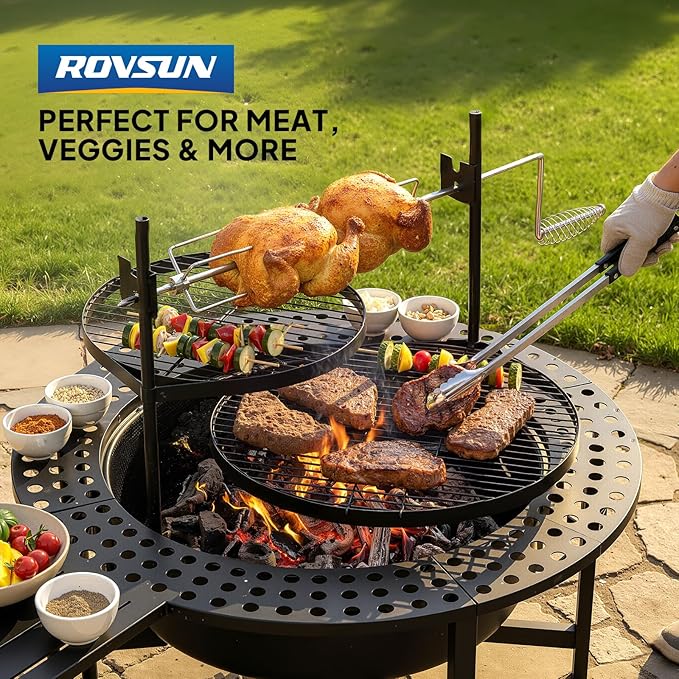 ROVSUN Upgrated 33'' Outdoor Fire Pit with 2 Grills, Grill with Side Shelves, Wood Burning Round Firepit with Swivel Cooking Grate, Removable Swivel Grill for Backyard, Patio, Picnic, BBQ and Parties