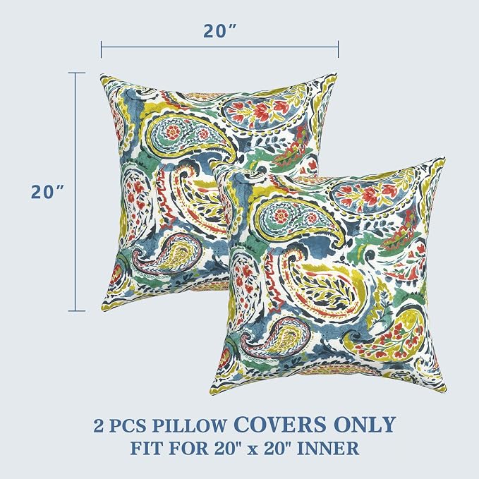 LVTXIII Outdoor Pillow Covers 20x20 Inch, 2 Pack Large Square Throw Pillow Cases, Fade-Resistant Cushion Covers for Patio Furniture Sofa, Garden Porch, Paradise Paisley