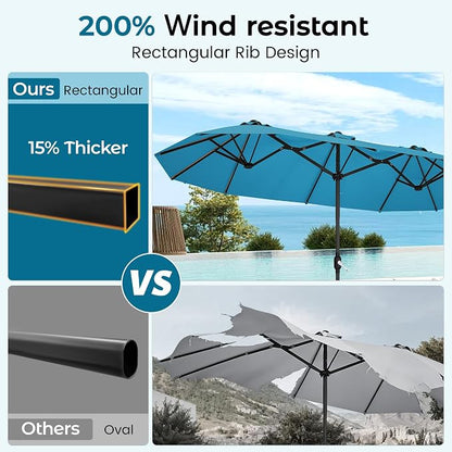 DomeShade 15FT Extra Large Patio Umbrella with Base, Double-Sided Outdoor Rectangular Market Umbrella with Stand,Heavy Duty Outside Sun Umbrella for Backyard,Poolside,Patio Furniture,Teal Blue