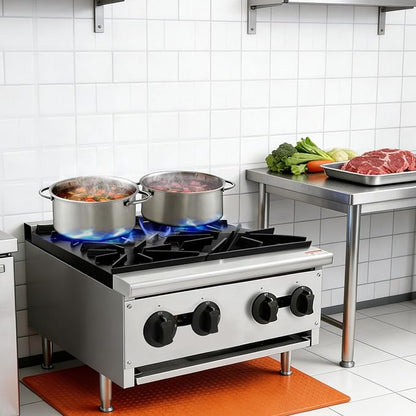 Commercial Countertop Gas Hot Plate Burner,NG LP Convertible Stove with Independent Controls,Standing Pilot Ignition,Cast Iron Grates,Adjustable Legs for Restaurant Prep Cooking (Silver,4 Burner)