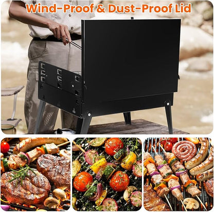 Portable Charcoal Grill - Foldable BBQ Grill with Adjustable Height & Convenient Storage for Outdoor Cooking, Picnics, Camping, and Backyard Grilling (16.7x10x17.7in)