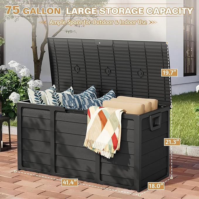 75 Gallon Outdoor Deck Storage Box – Heavy Duty Resin with Lockable Lid,UV Resistant for Patio Furniture, Garden Tools,Black