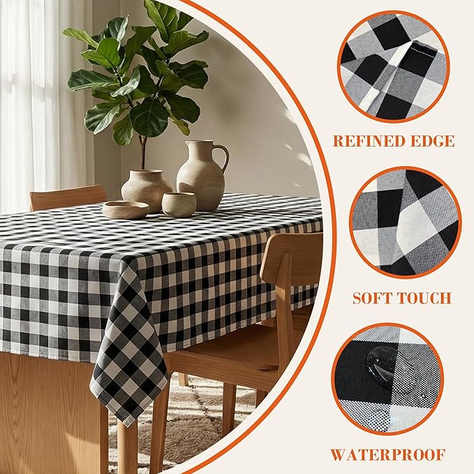 Waterproof Gingham Tablecloth, Checkered Fabric Table Cover for Kitchen Dining, Black & White Plaid Table Cloth, Rectangle Table Cloth for Indoor Outdoor Use, W60 x L120 in