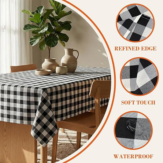 Waterproof Gingham Tablecloth, Checkered Fabric Table Cover for Kitchen Dining, Black & White Plaid Table Cloth, Rectangle Table Cloth for Indoor Outdoor Use, W60 x L144 in