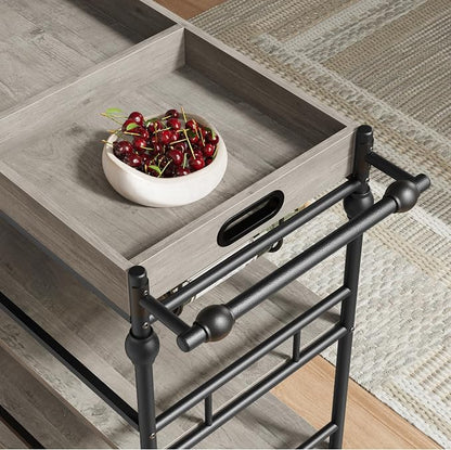 Garvee Bar Cart with Wheels, 3-Tier Rolling Serving Cart with Removable Tray, Mobile Kitchen Beverage Cart with Wine Rack & Glass Holder, Retro Roman Column Design, 35.4 x 15.7 x 34.1 Inches, Grey