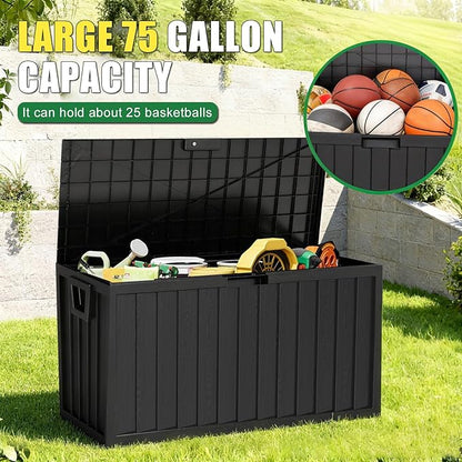 75 Gallon Outdoor Storage Box Waterproof,350LBS Lockable Patio Storage Box for Patio Cushions,Garden Tools and Tools Storage,Outside Storage Box-Black