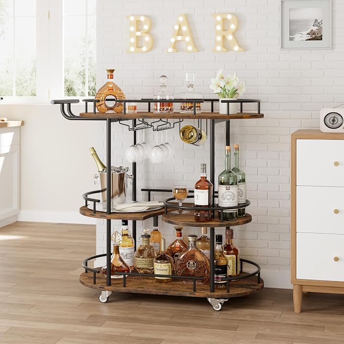 Garvee Bar Serving Cart with Wine Rack and Glass Holder, 3-Tier Rolling Serving Cart with 4 Wheels, Small Serving Table for Living Room, Kitchen, Dining Room, Black+Retro Brown