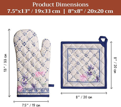 Maison d' Hermine 100% Cotton Oven Mitt & Pot Holder Set (7.5"x13" & 8"x8") | Heat Resistant BBQ Cooking Gloves with Loop Baking Grilling Kitchen Hotel Home Farmhouse Spring Summer - Faience