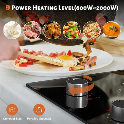 2 Burner Electric Cooktop 110V Portable Plug in 2000W | 12 Inch Two Burner Electric Stove Built-in & Countertop, Knob Control, Over Heat Protection, 9 Power Level, 120V Portable