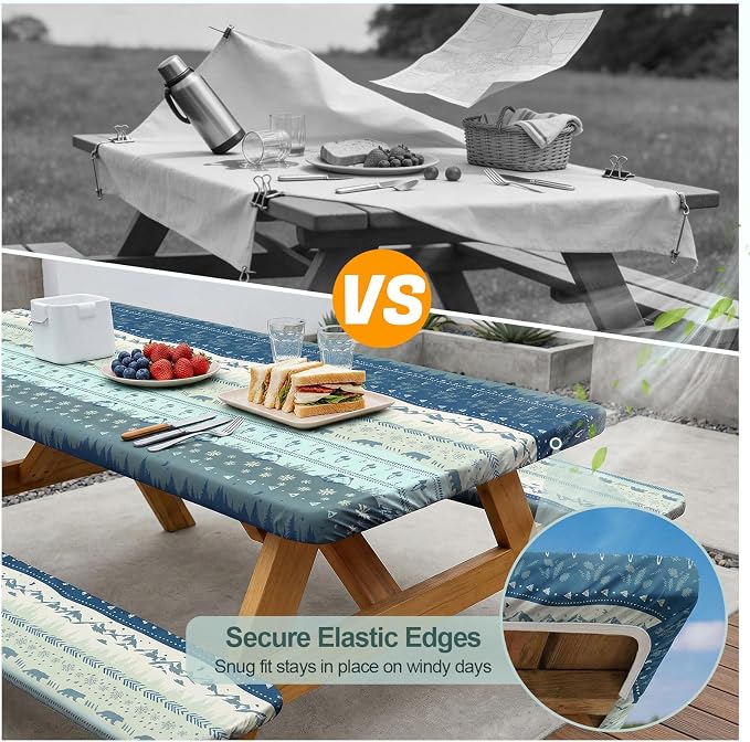 Picnic Table Cover with Bench Covers Camping Essentials Waterproof Windproof Camping Tablecloth with Drawstring Bag, Fitted Rectangle Tables and Seats, 72in, Bohemian