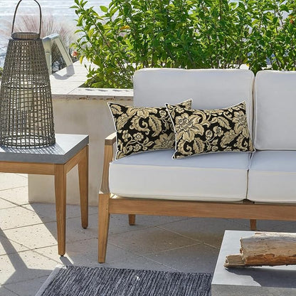 LVTXIII 2 Pack Outdoor Lumbar Pillow Covers 12x20 Inch with Piping, Water-Repellent Back Cushion Covers ONLY for Patio Furniture, Sofa, Garden Bench, Jacobean Black