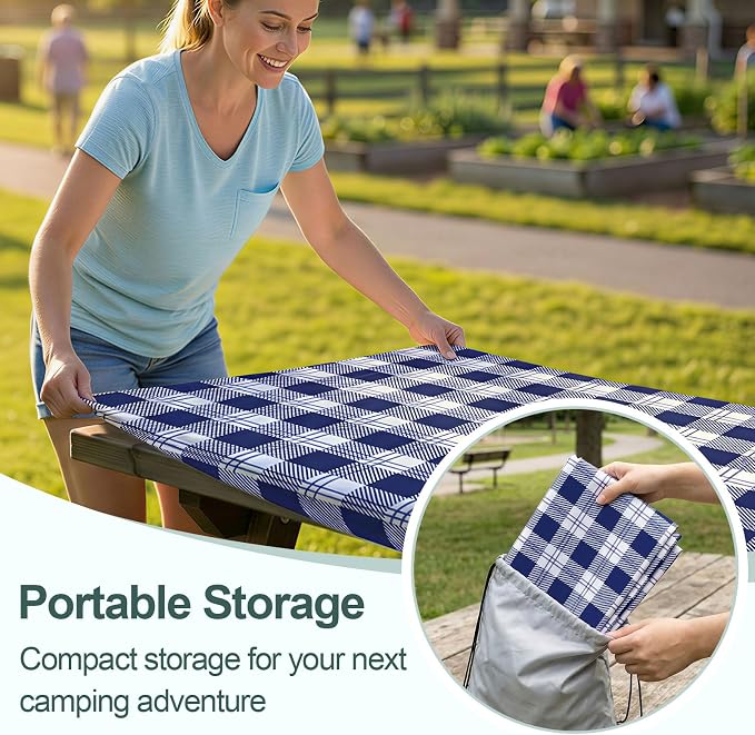Picnic Table Cover Bench Covers Camping Essentials Tablecloth | Waterproof Vinyl for Outdoor, Windproof Elastic Fitted Edges, RV BBQ Accessories Must Haves, Storage Bag Included