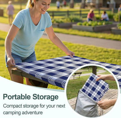 Picnic Table Cover Bench Covers Camping Essentials Tablecloth | Waterproof Vinyl for Outdoor, Windproof Elastic Fitted Edges, RV BBQ Accessories Must Haves, Storage Bag Included