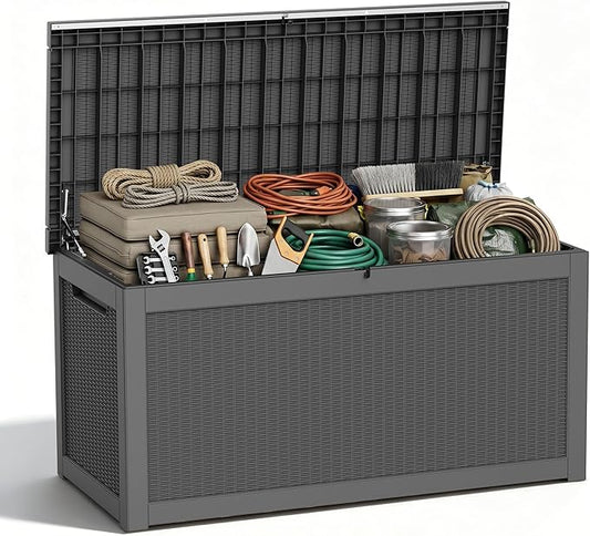 PatioZen 320 Gallon Deck Box, Outdoor Storage Box, Outdoor Storage Box for Cushions, Garden Tools, Furniture Storage,Waterproof, Lockable and Resin,Black