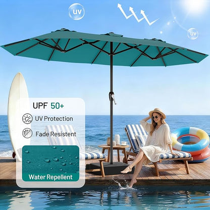 AreShark 15ft Patio Umbrella with Base, Double Sided Outdoor Umbrella with 12 Fiberglass Ribs, Large Outdoor Umbrella for Garden, Pool, Deck, Backyard & Market, Lake Blue