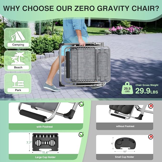 Suteck Oversized Zero Gravity Chair,500LBS 33In XXL Outdoor Recliner Chairs | w/Removable Cushion&Headrest, Camping Lounge Chair w/ Upgraded Lock&Footrest, Reclining Patio Chairs for Indoor Outdoor