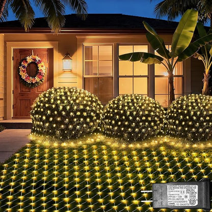 Lovelite 120 LED Christmas Net Lights, 5ft x 5ft Mesh Lights Outdoor 8 Modes Timer, Waterproof Connectable String Lights Clear Wire Plug in for Bushes Lawns Garden Holiday Wedding Party - Warm White