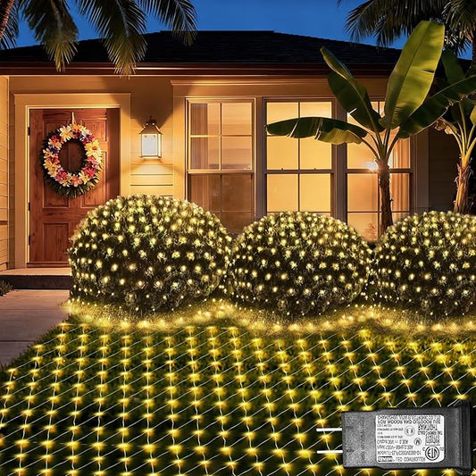 Lovelite 120 LED Christmas Net Lights, 5ft x 5ft Mesh Lights Outdoor 8 Modes Timer, Waterproof Connectable String Lights Clear Wire Plug in for Bushes Lawns Garden Holiday Wedding Party - Warm White