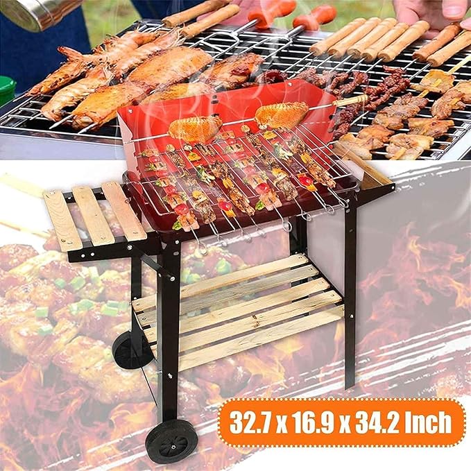 Portable Charcoal Grill for Camping BBQ, Outdoor Barbecue Grill with Steel Wood Construction, Folding Charcoal Grills with Plastic Wheels for Easy Moving,A-1