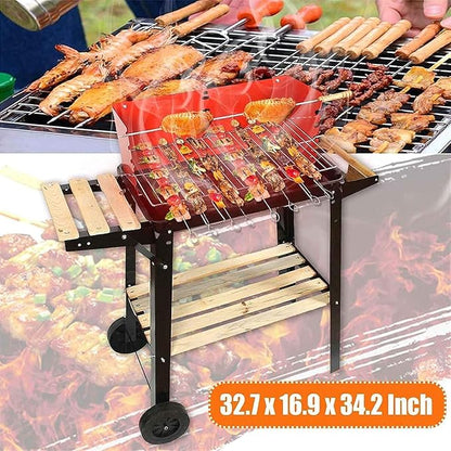 Portable Charcoal Grill for Camping BBQ, Outdoor Barbecue Grill with Steel Wood Construction, Folding Charcoal Grills with Plastic Wheels for Easy Moving,A-1