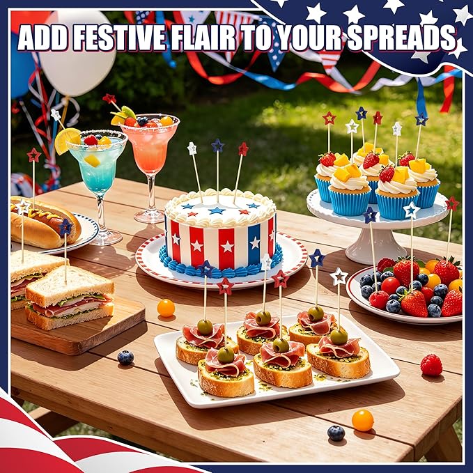 4th of July Cocktail Picks, Red White Blue Star Toothpicks for Appetizers Food Drinks, 4.7 IN Bamboo Fruit Skewers Charcuterie Sticks, Independence Memorial Day Patriotic Party Decorations Supplies
