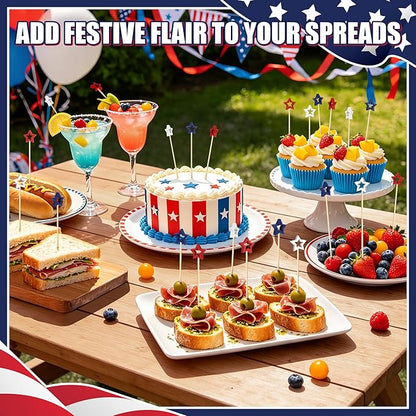 4th of July Cocktail Picks, Red White Blue Star Toothpicks for Appetizers Food Drinks, 4.7 IN Bamboo Fruit Skewers Charcuterie Sticks, Independence Memorial Day Patriotic Party Decorations Supplies