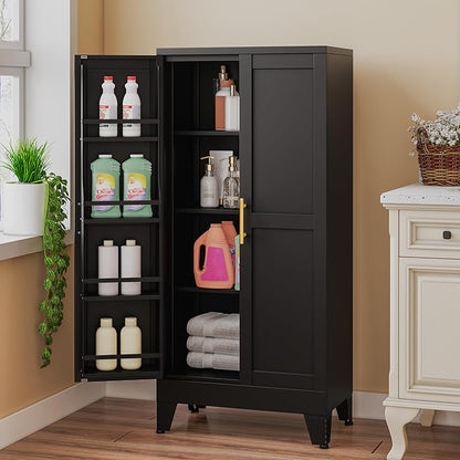 GAIOUS Metal Kitchen Pantry Cabinet, Storage Cabinets with 2 Door and 3 Adjustable Shelves, Black Freestanding Food Storage Cabinet, Steel Cupboard for Kitchen Dinning Room