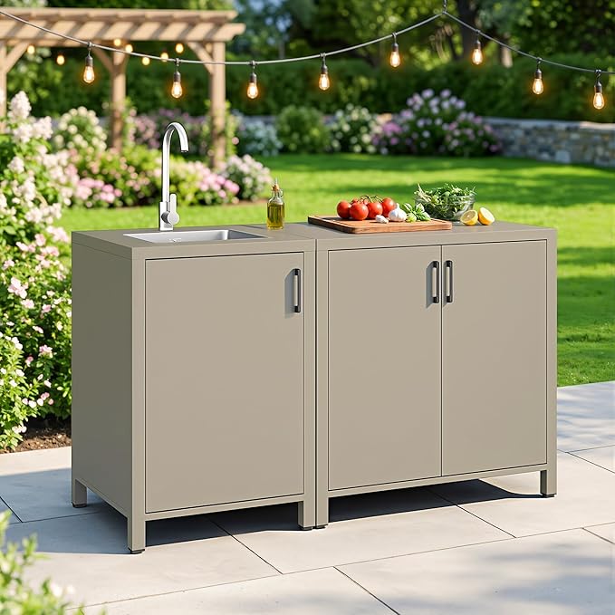 Wisteria Lane Outdoor Storage Cabinet with Stainless Steel Sink, Aluminum Modular Outdoor Kitchen, All Weather Kitchen Island with Double Door Storage, Patio Bar Table for BBQ, Porch, Backyard