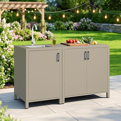 Wisteria Lane Outdoor Storage Cabinet with Stainless Steel Sink, Aluminum Modular Outdoor Kitchen, All Weather Kitchen Island with Double Door Storage, Patio Bar Table for BBQ, Porch, Backyard