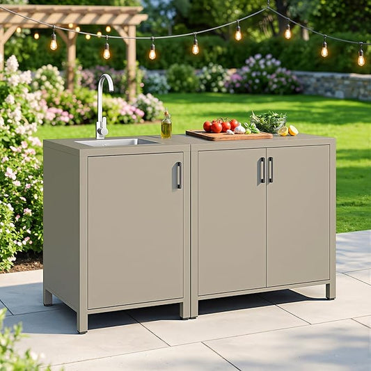 Wisteria Lane Outdoor Storage Cabinet with Stainless Steel Sink, Aluminum Modular Outdoor Kitchen, All Weather Kitchen Island with Double Door Storage, Patio Bar Table for BBQ, Porch, Backyard