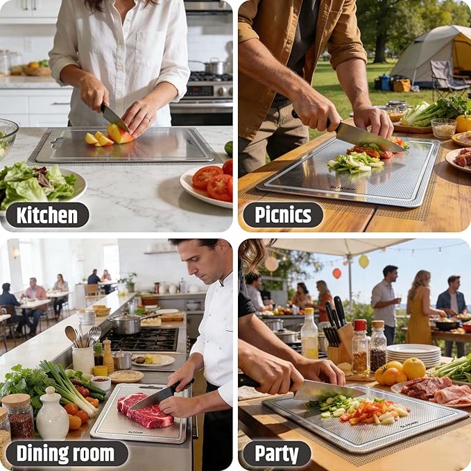 3-Piece Titanium Cutting Board for Kitchen, Double-Sided Scratch-Resistant Chopping Boards with Juice Grooves, Metal Cutting Boards with Non-Slip Mat, Dishwasher Safe for Fruit, Meat, Vegetables, Gray