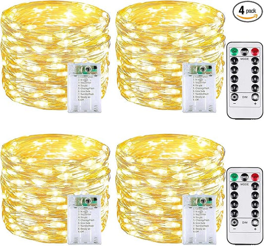 4 Pack 60 LED Fairy Lights Battery Operated with Remote, 20 FT Warm White | Cuttable, 8 Modes, Memory, Dimmable, Waterproof Battery String Lights with Timer for Indoor Outdoor, Christmas Decorations