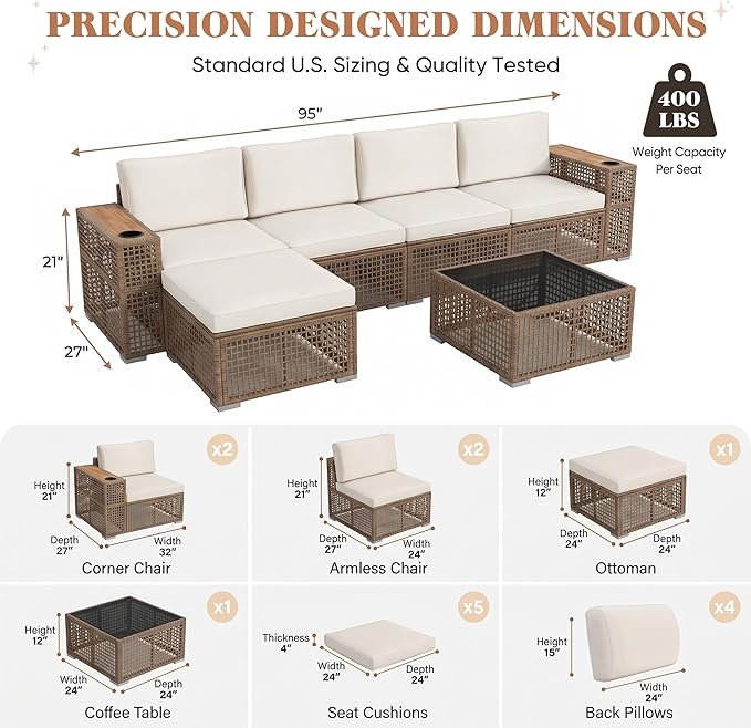 Devoko Patio Furniture Set,6 Pieces Outdoor Sectional Sofa with Cup Holder and 7.87in Wider Armrest, PE Wicker Backyard Couch Set with Coffee Table&Glass Tabletop for Deck, Porch（6 pcs）