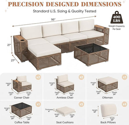Devoko Patio Furniture Set,6 Pieces Outdoor Sectional Sofa with Cup Holder and 7.87in Wider Armrest, PE Wicker Backyard Couch Set with Coffee Table&Glass Tabletop for Deck, Porch（6 pcs）
