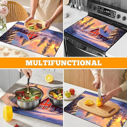 Christmas Multi-Design Stove Cover for Glass/Electric Stoves - 3-in-1 Heat-Resistant Protector Mat, Non-Slip Drying Rack 28"x20"